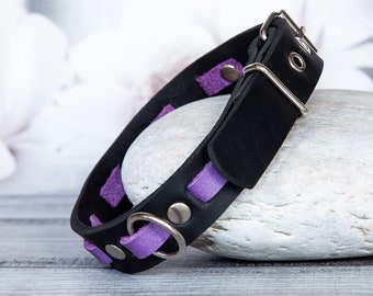 Handmade leather dog collar: purple & black for the star look - elegant leather collar. Luxury collar. Designer dog clothes