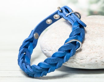 Azure Blue Collar - Braided Leather Dog Collar, Pretty Dog Collars, XL Dog Collar, Collar for Puppy, Dog Gifts