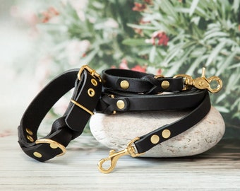 Set of leather leash & collar in elegant black for your dog - dog collar and leash set, dog leash and leather collar for furry friends