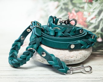 Teal Dog Collar and Leash Set - Leather Dog Collar, Designer Dog Collar, Modern Dog Leash, Leash Collar Set, Handmade