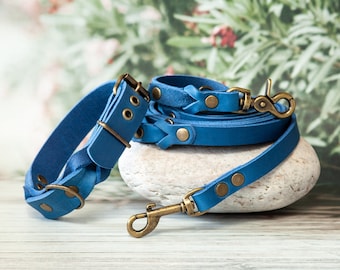 Azure blue leather leash & dog collar set: Handmade for your dog - dog leash and collar set, luxury dog clothing in blue