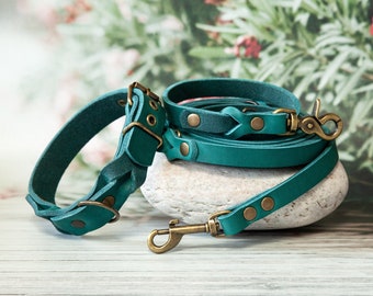 Leather leash & dog collar in blue-green: lovingly handcrafted for your dog - collar and leash set, leather dog accessories for furry friends