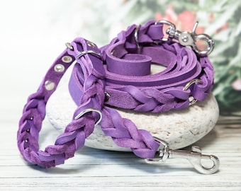 Purple Dog Collar and Leash Set for Puppies - Handmade Dog Collar and Leather Leash, Adjustable Dog Leash and Collar, Dog School