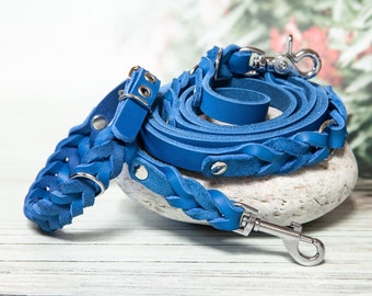 Blue Dog Leash and Collar - Leather Dog Gear, Show Dog Collar and Leash, Boating Dog Collar, Summer Leather Leash, Gift