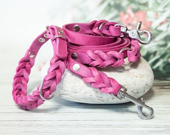 Pink Dog Collar and Leash Set - Leather Dog Collar, Designer Dog Collar, Modern Dog Accessory, Dog Leads, Leash Collar Sets, Handmade Collar