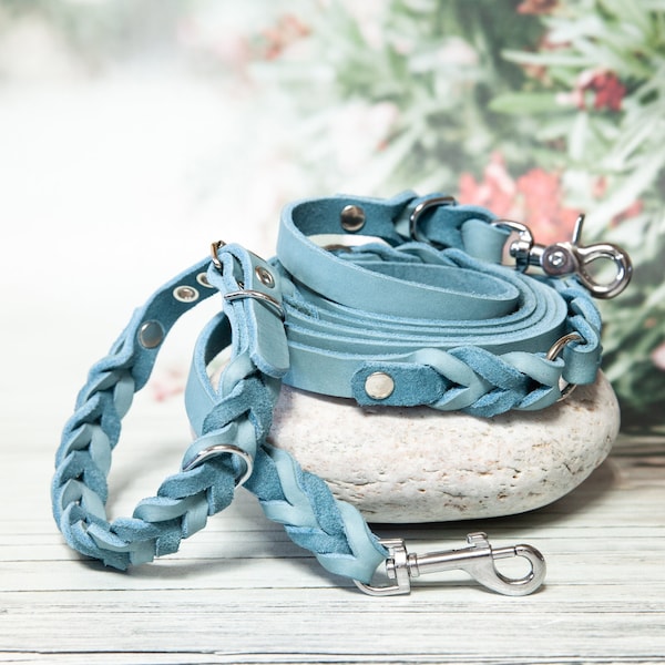Light Blue Dog Collar & Leash - Dog Leash and Collar Set, Designer Leather Leash, Braided Collar, Leather Set for Dogs, Ice Blue