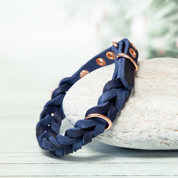 Blaues Hundehalsband aus geflochtenem Leder - Handgefertigtes Halsband für niedliche Fellnasen, Welpen-Halsband, stylishes Lederhalsband