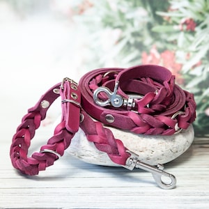 Pink collar and leash set for dogs – Handmade dog collar berry, beautiful braided leather leash, leather set fur nose