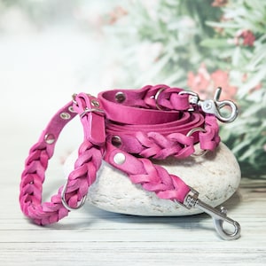 Pink Dog Collar and Leash Set - Leather Dog Collar, Designer Dog Collar, Modern Dog Accessory, Dog Leads, Leash Collar Sets, Handmade Collar