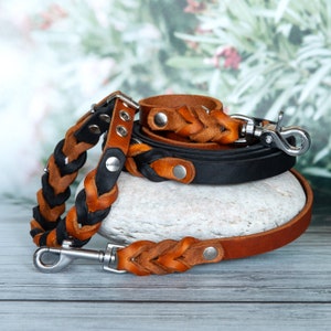 Luxury for office dogs: Cognac black leather leash & collar set. Handmade leather collar dog leash. Leather leash dog collar