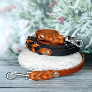 Cognac Schwarze Hundeleine aus Leder: ideal für Stadthunde - Verstellbare Leine aus geflochtenem Leder, Hundelederleine, Designer Lederleine