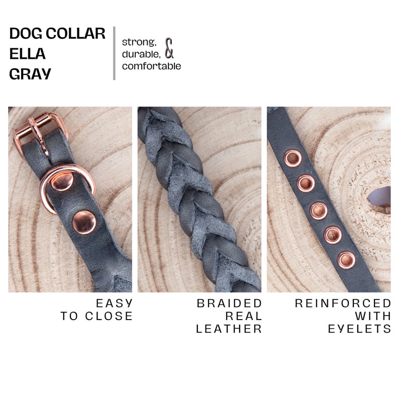 Hundeleine und Halsband aus Leder in der Farbe Grau. Leine und Lederhalsband aus Echtleder. Lederleine und Hundehalsband für Hunde. Geflochtene Hundelederleine und Hundelederhalsband. Details 5
