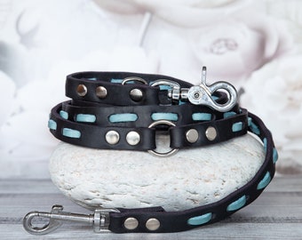 Light blue leather leash: Extravagant & flexible. Elegant leather leash for office dogs. Blue black genuine leather leash. Stylish leather dog leash.