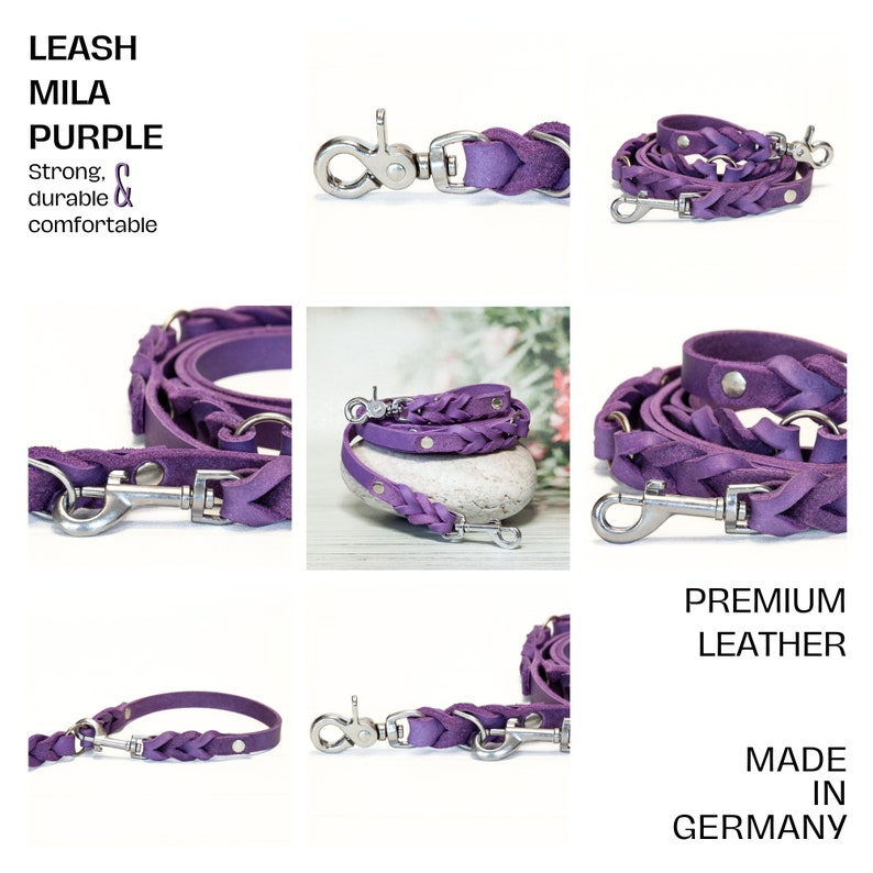 Hundeleine und Halsband aus Leder in Lila. Leine und Lederhalsband aus Echtleder. Lederleine und Hundehalsband für Hunde. Lila geflochtene Hundelederleine und Hundelederhalsband. Details 1