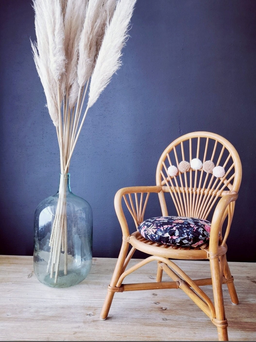 Fauteuil en Rotin Enfant - Fleurs et Pompons