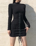 Tie Up Bandage Black Autumn Dress | Long Sleeve Knitted Mini Dress | Basic Skinny Casual Winter Dress | Y2K Dark Dress | Gothic Dress product logo