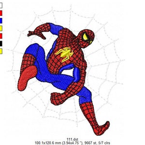 May include: Red and blue embroidered design of Spiderman swinging on a web. The design is 100.1 mm by 120.6 mm and uses 5 colours.