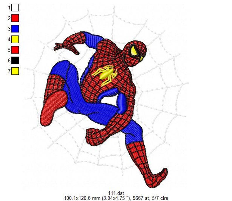 May include: Red and blue embroidered design of Spiderman swinging on a web. The design is 100.1 mm by 120.6 mm and uses 5 colours.