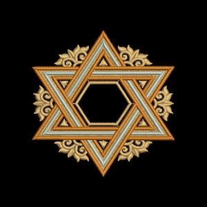 May include: A gold and silver Star of David with an intricate, ornate design. The star is surrounded by a decorative border.