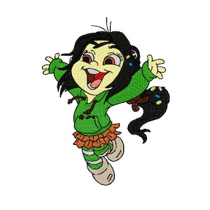 May include: A cartoon girl with long black hair wearing a green hooded sweatshirt, an orange skirt, and striped green and white tights. She is jumping with her arms outstretched and has a big smile on her face.