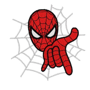 Könnte beinhalten: Eine rote und schwarze Cartoon-Illustration von Spider-Mans Kopf und Hand, mit einem weißen Spinnennetz im Hintergrund.