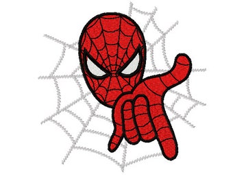 Può includere: Un'illustrazione di cartone animato rosso e nero della testa e della mano di Spider-Man, con una ragnatela bianca sullo sfondo.
