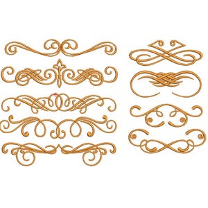 Könnte beinhalten: Satz von acht goldenen Stickmustern mit komplizierten Wirbeln und Schnörkeln. Diese Designs sind perfekt, um jedem Projekt einen Hauch von Eleganz zu verleihen.