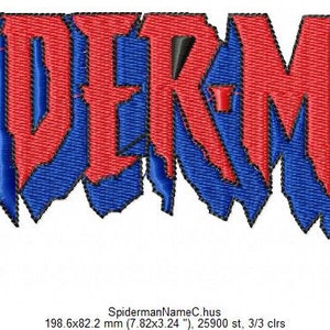 May include: Embroidered patch with the word "SPIDERMAN" in a bold, stylized font. The letters are outlined in black and filled with red and blue.