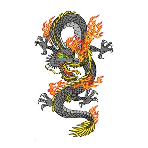 May include: A grey and black dragon with yellow accents is surrounded by flames. The dragon has a fierce expression and sharp claws.