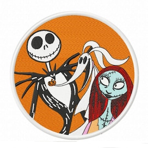 May include: A round embroidered patch featuring Jack Skellington and Sally from The Nightmare Before Christmas. Jack is wearing his signature black and white striped suit and Sally is wearing her signature blue dress with red hair.