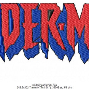 May include: A red and blue embroidered design of the word "SPIDERMAN" in a bold, jagged font.