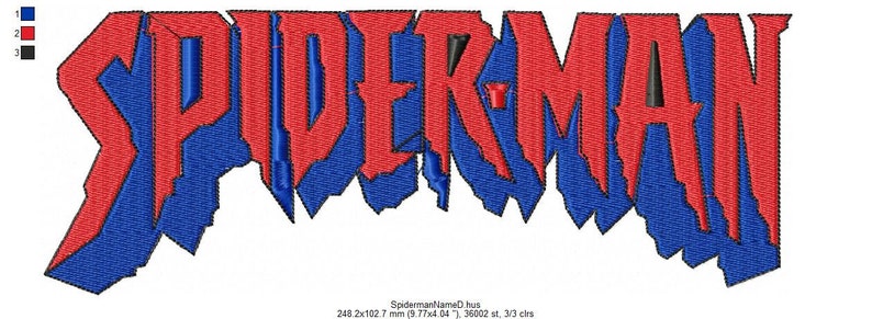 May include: A red and blue embroidered design of the word "SPIDERMAN" in a bold, jagged font.