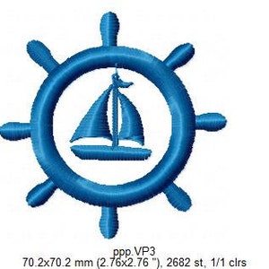 May include: Blue nautical wheel with a sailboat in the center. The wheel has eight spokes and a blue ring around the outside. The sailboat is white with a blue sail.