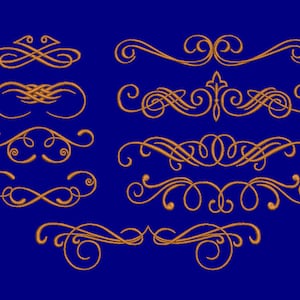 Op de afbeelding: Set van acht gouden decoratieve swirls, perfect om een ​​toets van elegantie aan uw ontwerpen toe te voegen.