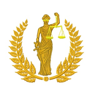 Puede incluir: Una imagen dorada de la figura de la justicia, con los ojos vendados, sosteniendo una espada y una balanza, con una corona de laurel detrás de ella.