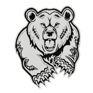 Op de afbeelding: Zwart-witte geborduurde patch van een beer met open bek en zichtbare klauwen.