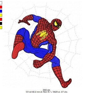 May include: Red and blue embroidered design of Spiderman in a web. The design is 12.14 cm by 14.62 cm and has 10,629 stitches.