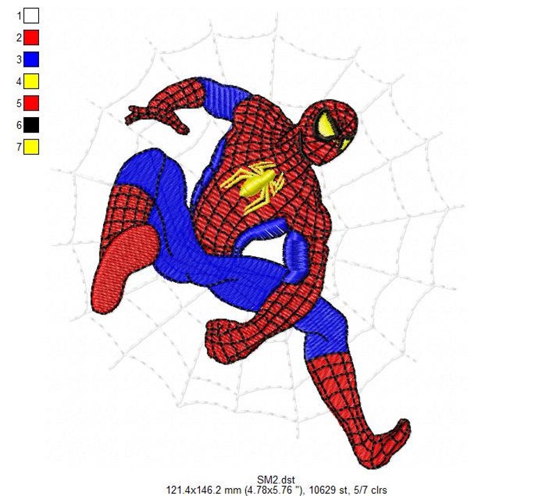 May include: Red and blue embroidered design of Spiderman in a web. The design is 12.14 cm by 14.62 cm and has 10,629 stitches.