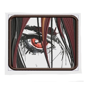 May include: Embroidered patch featuring a close-up of a red eye with black eyelashes and eyebrows. The eye is surrounded by black and maroon hair strands.