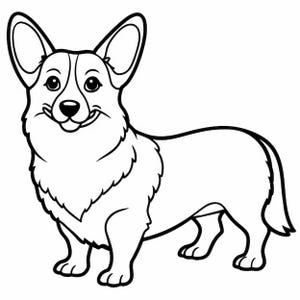 Może przedstawiać: Czarno-biały rysunek przedstawiający psa rasy corgi stojącego z lekko przechyloną głową. Pies ma szczęśliwy wyraz twarzy.