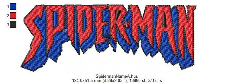 May include: Embroidered design of the word "SPIDERMAN" in red and blue lettering. The letters are stylized and have a jagged, sharp look.