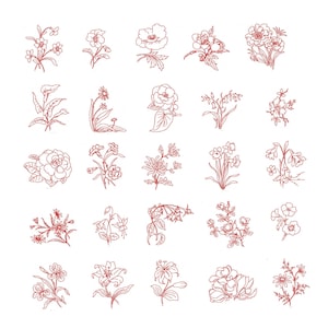 Può includere: Una collezione di ventuno illustrazioni di fiori in linea rossa, tra cui rose, gigli e margherite, disposte su sfondo bianco. I disegni dettagliati mostrano diverse composizioni floreali e design botanici.