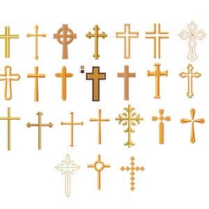 Pode incluir: Uma coleção de vários designs de cruzes em cores douradas, marrons e bege. As cruzes variam em estilo, incluindo designs simples, ornamentados e texturizados. A imagem está em um fundo branco.
