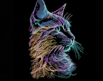 May include: A colourful, stylised illustration of a cat's head and neck, against a black background. The cat's fur is depicted in shades of blue, purple, yellow, and orange, creating a vibrant and abstract design.