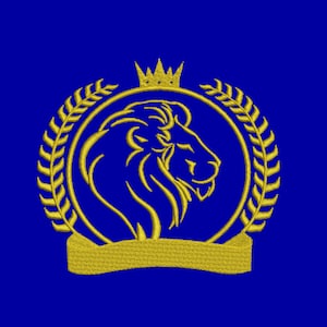 May include: A gold lion's head with a crown on top, surrounded by a wreath of leaves, on a blue background.