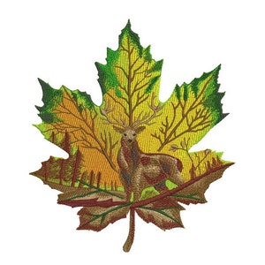 Ahornblatt mit Hirsch - Maschinenstickdatei, Hirsch auf Ahornblatt, Stickdatei, Maschinenstickerei, 5 Größen, Sofort Download