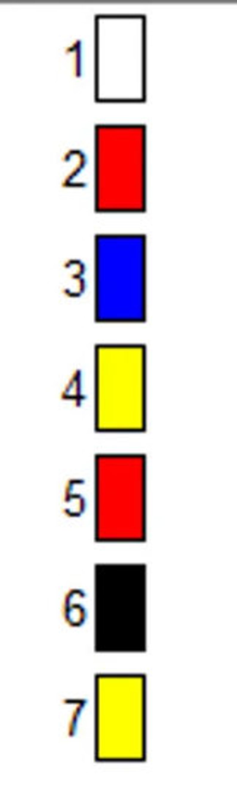 May include: A vertical row of seven coloured squares. The squares are numbered 1 through 7. The colours are white, red, blue, yellow, red, black, and yellow.