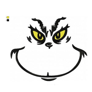 Könnte beinhalten: Schwarz-weiße Linienzeichnung des Gesichts des Grinch mit gelben Augen. Der Grinch ist eine fiktive Figur aus dem Dr.-Seuss-Buch Wie der Grinch Weihnachten stahl.