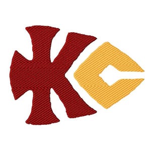 May include: Embroidered design featuring the letters "KC" in red and gold. The "K" is a stylized, textured letter, and the "C" is a gold arrow shape. The design is on a white background.