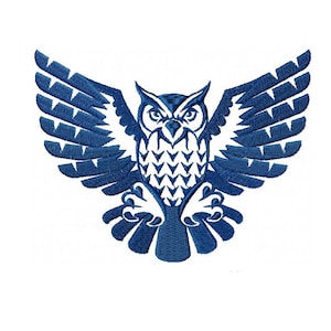 May include: Blue embroidered owl with wings spread wide, a detailed design with white accents.